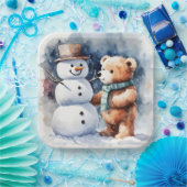 Winter Teddybeer en sneeuwman Papieren Bordje (Feest)