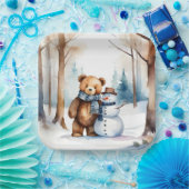 Winter Teddybeer en sneeuwman Papieren Bordje (Feest)