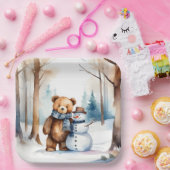 Winter Teddybeer en sneeuwman Papieren Bordje (Feest)