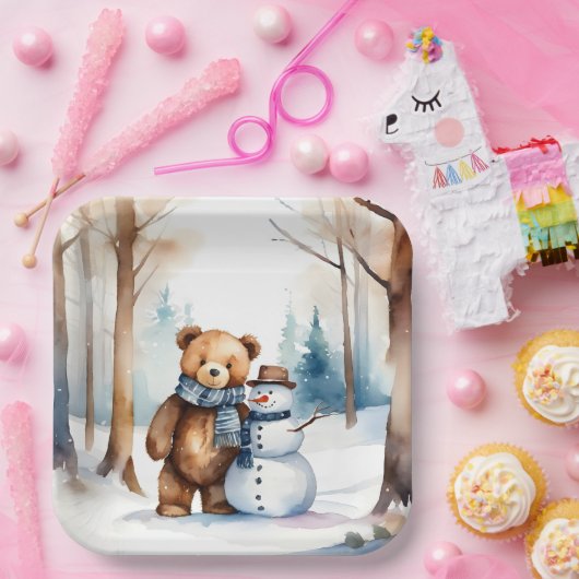 Winter Teddybeer en sneeuwman Papieren Bordje (Feest)