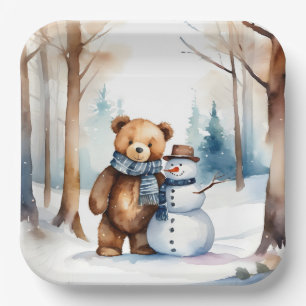 Winter Teddybeer en sneeuwman Papieren Bordje