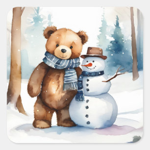 Winter Teddybeer en sneeuwman Vierkante Sticker