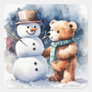 Winter Teddybeer en sneeuwman Vierkante Sticker