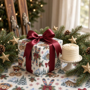 Winter Teddybeer Skilodge Bourgondische Strik  Cadeaupapier