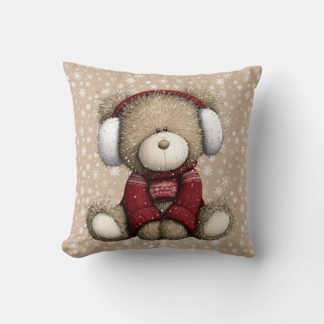 Winter Teddybeer Worpkussen Kussen (Voorkant)