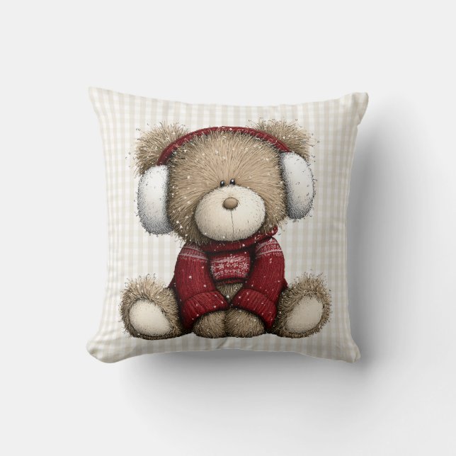 Winter Teddybeer Worpkussen Kussen (Voorkant)