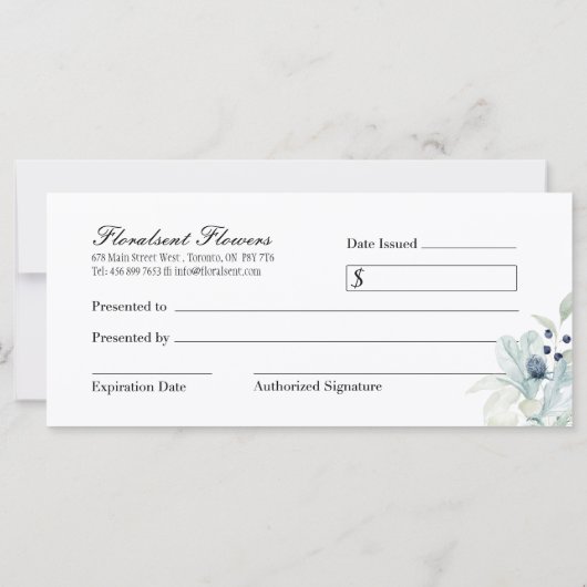 Winter Thema Bloemen Cadeaubewijs (Achterkant)