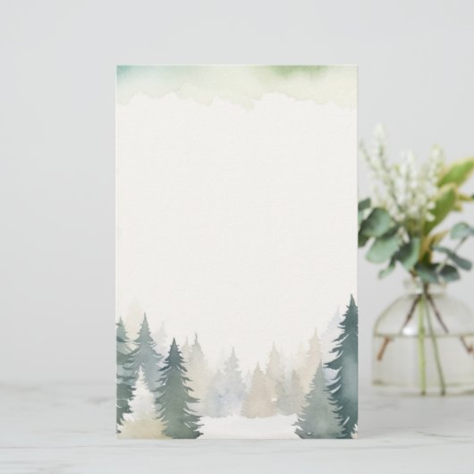Winter thema groene pijnbomen vlakte briefpapier (Staand voorkant)