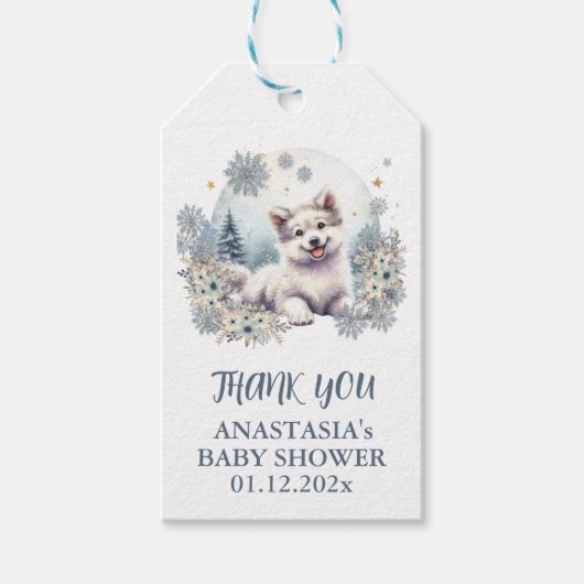 Winter thema wolf dog Baby shower Dank u Cadeaulabel (Voorkant)