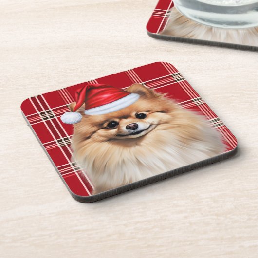 Winter Themed Pomeranian Dog Holiday Plaid Bier Onderzetter (Linkerzijde)