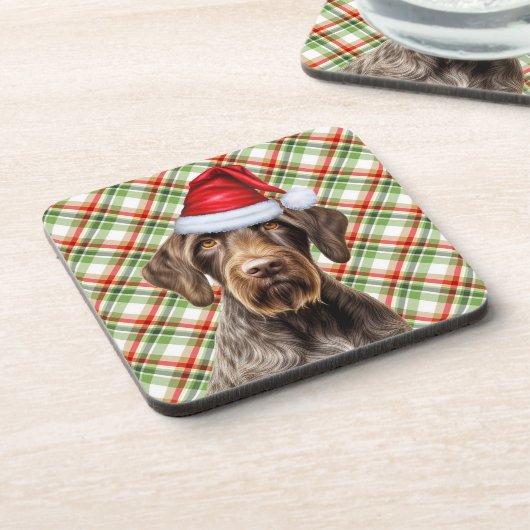 Winter Themed Wirehair Pointer Dog Holiday Plaid Bier Onderzetter (Linkerzijde)