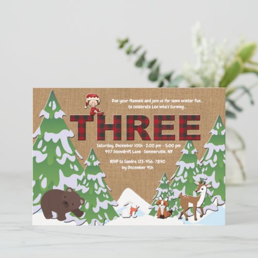 Winter Three Birthday Party Invitation Kaart (Staand voorkant)