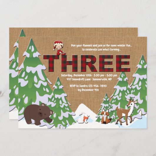 Winter Three Birthday Party Invitation Kaart (Voorkant / Achterkant)