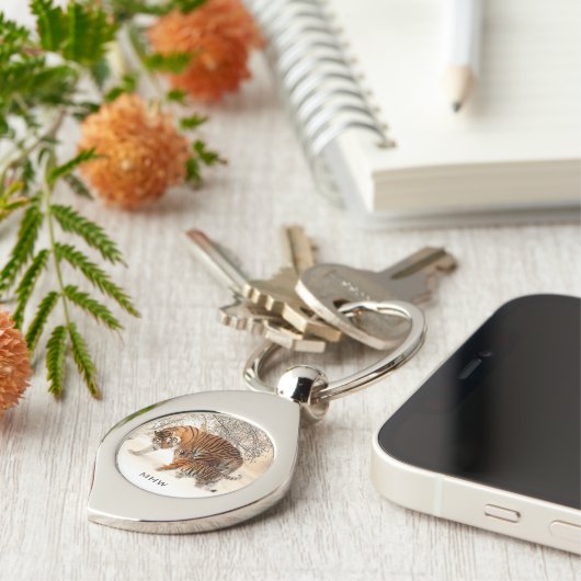 Winter Tijgers aangepaste monogram sleutelketen Sleutelhanger (Zijkant)