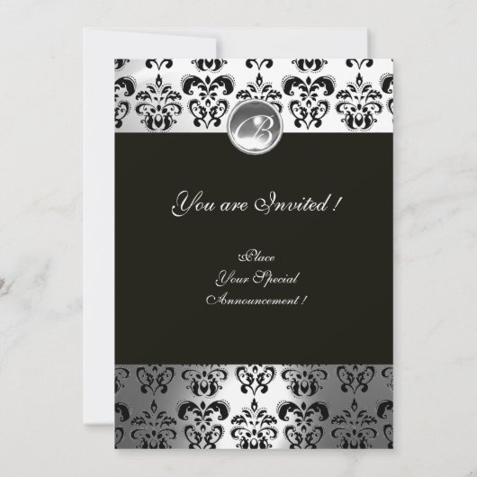 WINTER TORTELDUIFJES BLACK WHITE DAMASK MONOGRAM KAART (Achterkant)