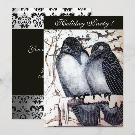 WINTER TORTELDUIFJES BLACK WHITE DAMASK MONOGRAM KAART (Voorkant / Achterkant)