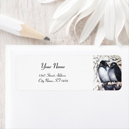 WINTER-TORTELDUIFJES IN SNEEUW Black en White Teke Etiket (Insitu)