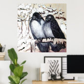 WINTER-TORTELDUIFJES in SNEEUW Black White Poster (Thuiskantoor)