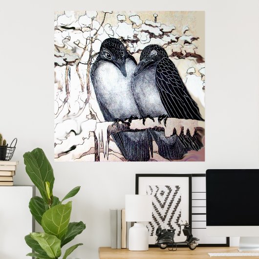 WINTER-TORTELDUIFJES in SNEEUW Black White Poster (Thuiskantoor)