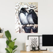 WINTER-TORTELDUIFJES in SNEEUW Black White Poster (Thuiskantoor)