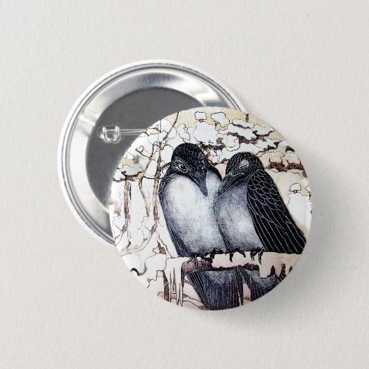 WINTER-TORTELDUIFJES in SNEEUW Black White Ronde Button 5,7 Cm (Voorkant /achterkant)