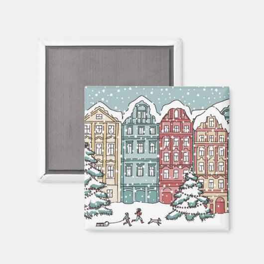 Winter Town Scene Magneet (Voorkant / Achterkant)
