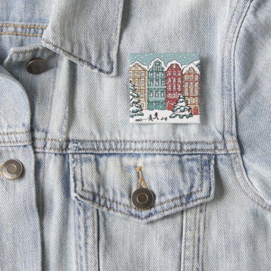 Winter Town Scene Vierkante Button 5,1 Cm (In situ)