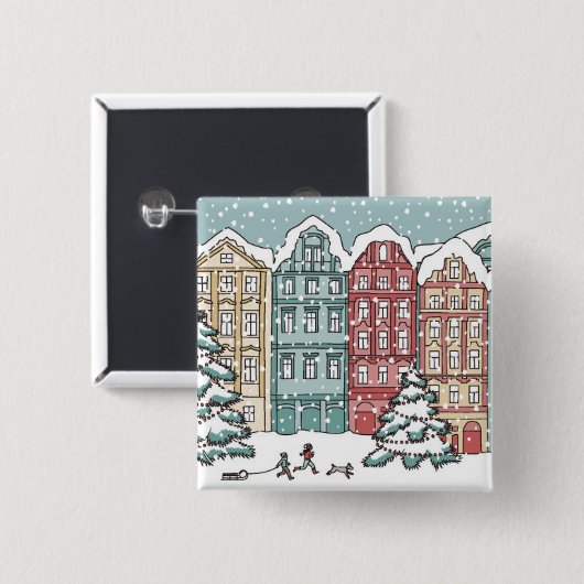 Winter Town Scene Vierkante Button 5,1 Cm (Voorkant /achterkant)