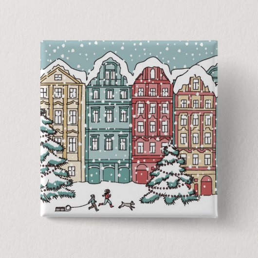 Winter Town Scene Vierkante Button 5,1 Cm (Voorkant)