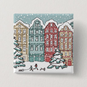 Winter Town Scene Vierkante Button 5,1 Cm