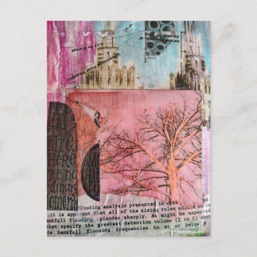 Winter Tree and Buildings Mixed Media Collage Briefkaart (Voorkant)
