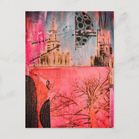 Winter Tree and Buildings Mixed Media Collage Briefkaart (Voorkant)