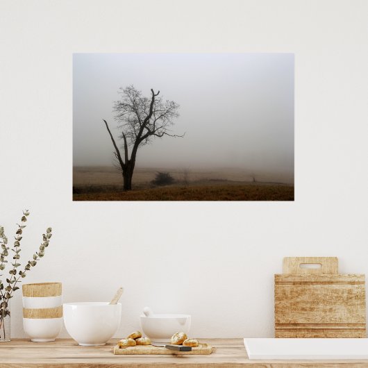 Winter Tree Foggy Meadow Poster (Keuken)