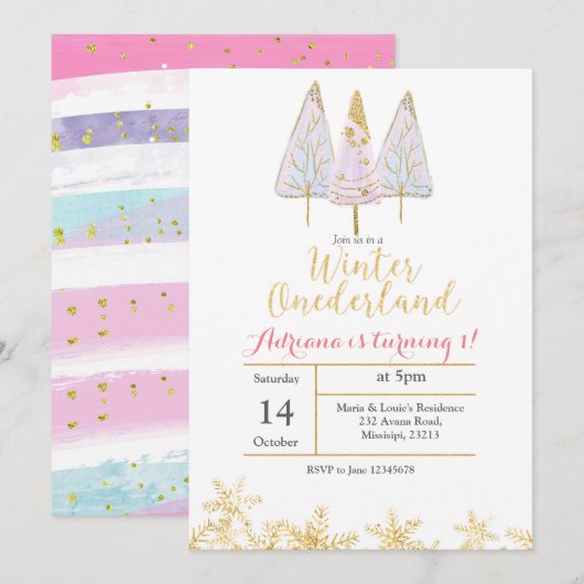 Winter Tree Onederland Birthday Invitation Kaart (Voorkant / Achterkant)