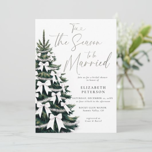 Winter Tree White Bows Tinsel Chic Vrijgezellenfee Kaart (Staand voorkant)