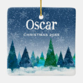 Winter Trees Custom Hond Foto Vrolijk Kerstfeest Keramisch Ornament (Achterkant)
