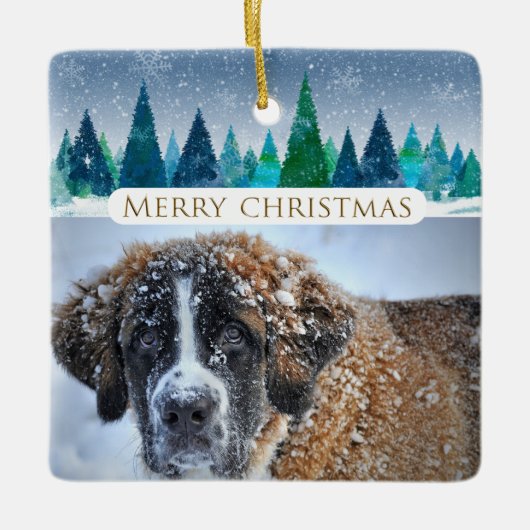 Winter Trees Custom Hond Foto Vrolijk Kerstfeest Keramisch Ornament (Voorkant)