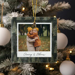 Winter Trees Double Sided Persoonlijke Foto Keramisch Ornament<br><div class="desc">Een prachtige vierzijdige kerstfoto-versiering met aan weerszijden een favoriete foto,  op een diepgewortelde groene waterverf met dennenbomen. Personaliseer met een douanetitel op de voorzijde in handgeschreven brief,  en voeg het jaar aan de rug toe.</div>