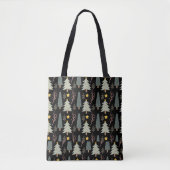 Winter Trees Forest Green Christmas Pattern Zwart Tote Bag (Voorkant)