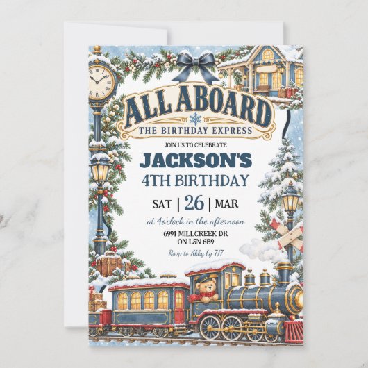 Winter Trein Thema All Aboard Verjaardag Express Kaart (Voorkant)