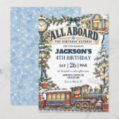 Winter Trein Thema All Aboard Verjaardag Express Kaart (Voorkant / Achterkant)