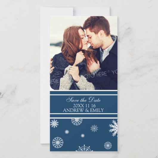 Winter Trouwdatum Fotokaarten Blauw Save The Date (Voorkant)