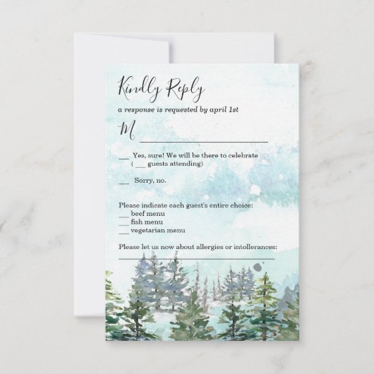 Winter trouwdatum sneeuw dennenbomen RSVP kaart (Voorkant)