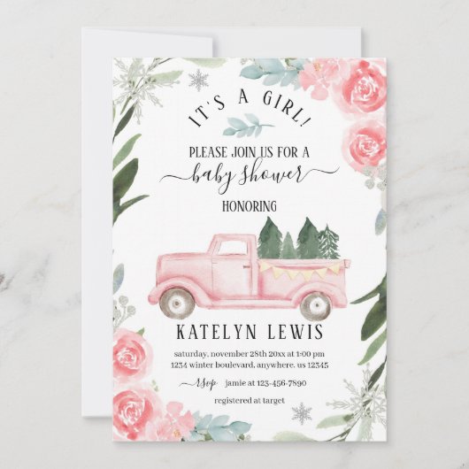 Winter Truck Baby shower Invitation Floral Kaart (Voorkant)