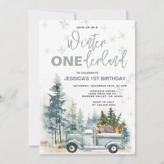 Winter Truck Onederland Bos 1e Verjaardag Kaart (Voorkant)