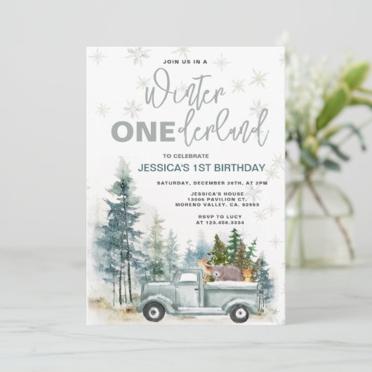 Winter Truck Onederland Bos 1e Verjaardag Kaart (Staand voorkant)