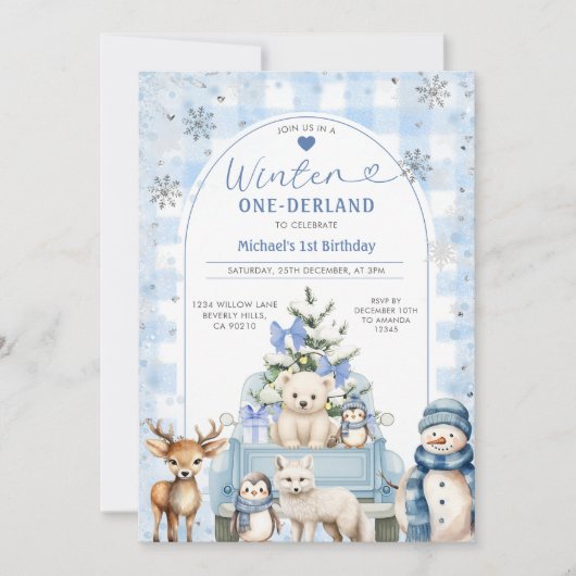 Winter Truck Onederland Boy 1st Birthday Animals Kaart (Voorkant)