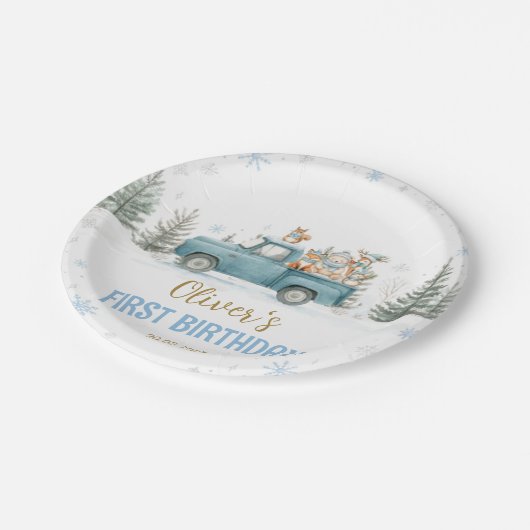 Winter Truck Onederland Forest Birthday Papieren Bordje (Gekanteld)