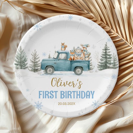 Winter Truck Onederland Forest Birthday Papieren Bordje