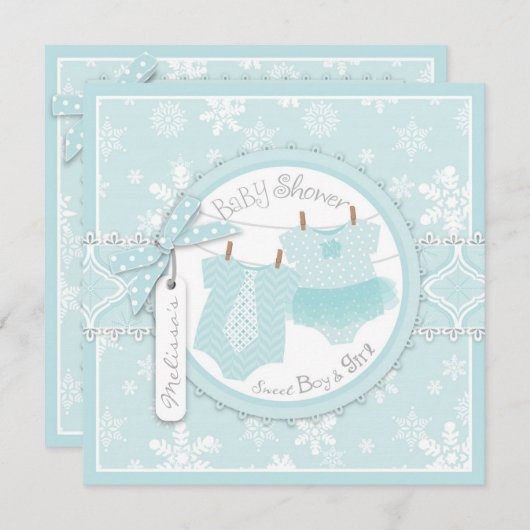 Winter Tutu & Stropdas & Snowflakes Twins Baby sho Kaart (Voorkant / Achterkant)